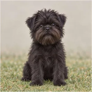 Small, shaggy dog with a wiry black coat, playful posture and expressive eyes