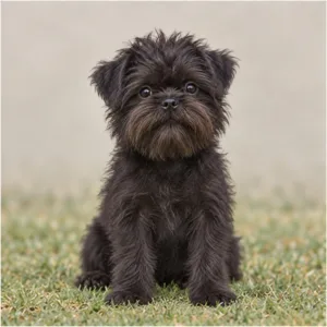 Small, shaggy dog with a wiry black coat, playful posture and expressive eyes